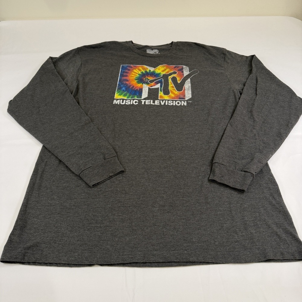 MTV Long Sleeve Dark Gray Graphic T-Shirt Tie Dye Logo Men's Size XL 80's 90's - Picture 5 of 14